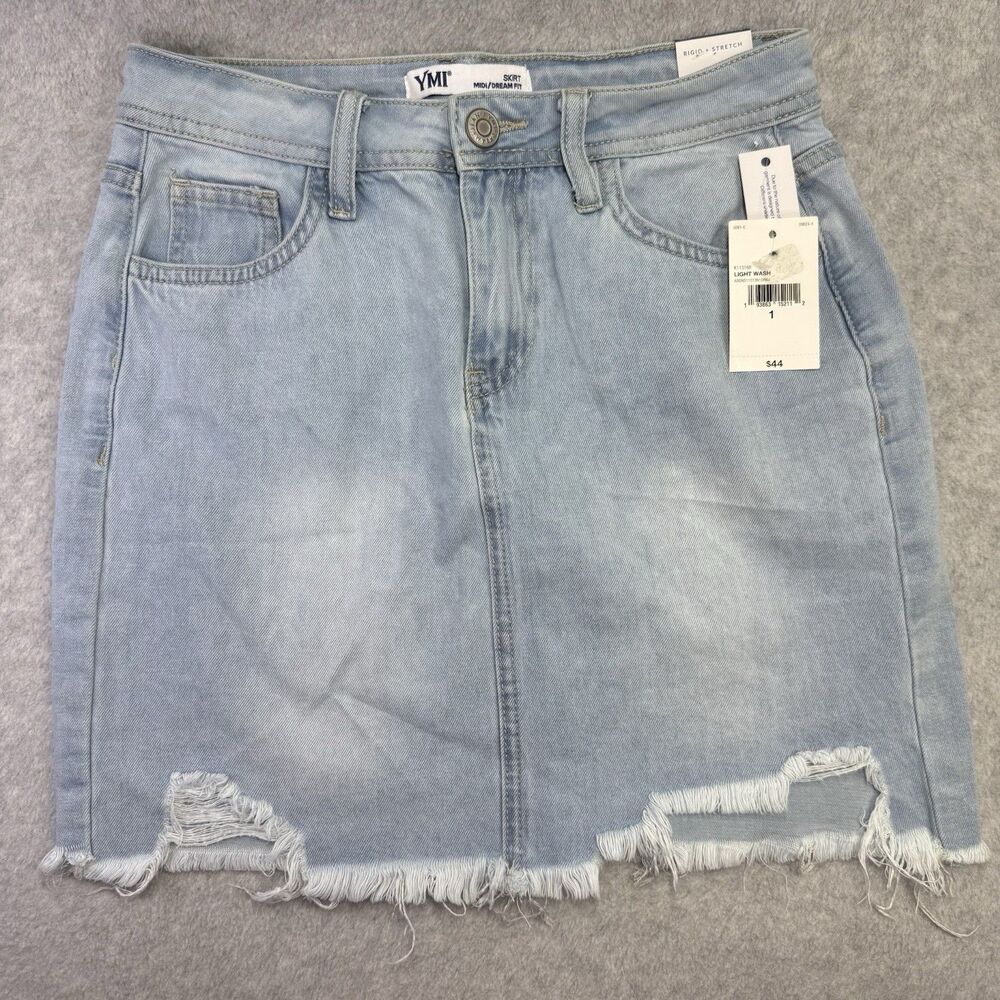 YMI Denim Skirt Womens 1 Light Wash Dream Fit Midi Distressed Frayed Hem